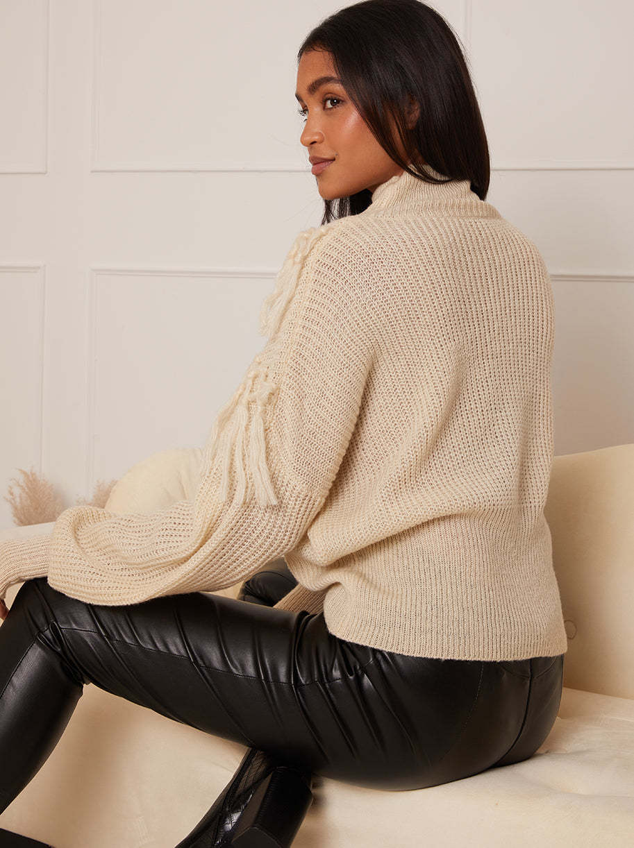 High Neck Tassel Detail Jumper in Cream