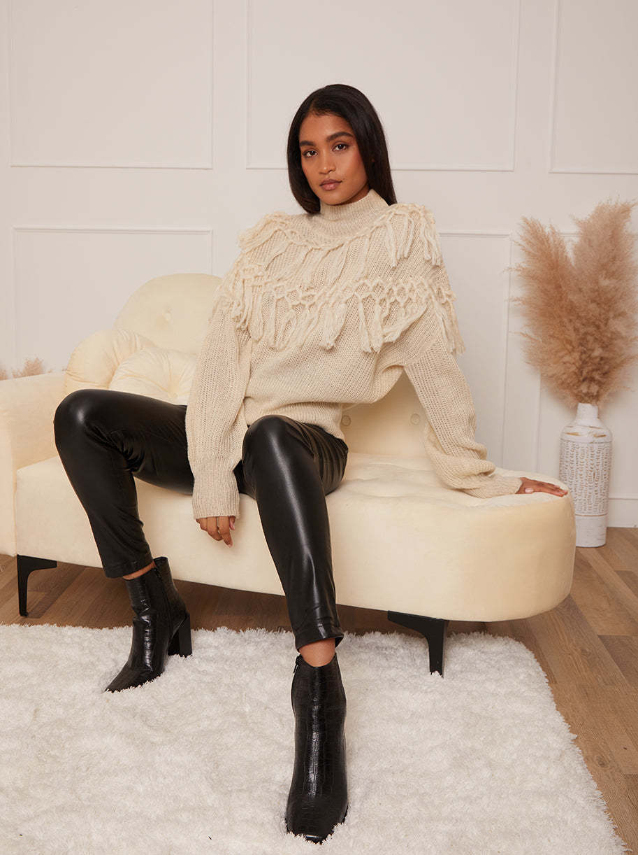 High Neck Tassel Detail Jumper in Cream