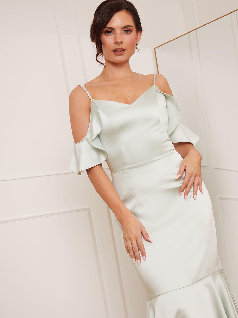 Petite Satin Cami Ruffle Strap Bodycon Dress in Mint Chi Chi London UK