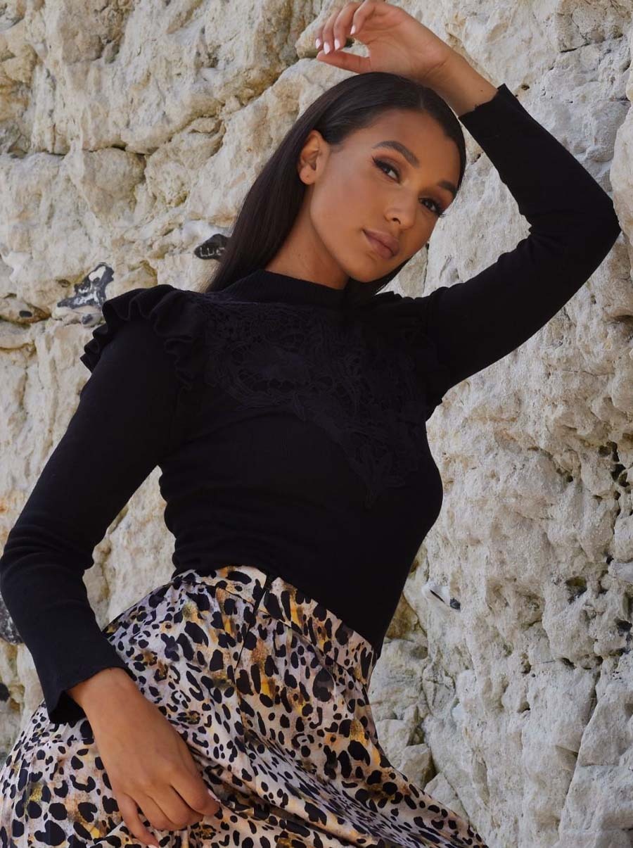 Broderie Trim Knitted Jumper in Black