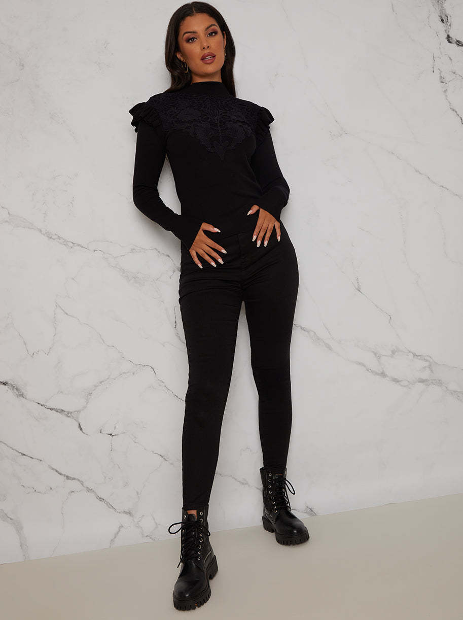 Broderie Trim Knitted Jumper in Black