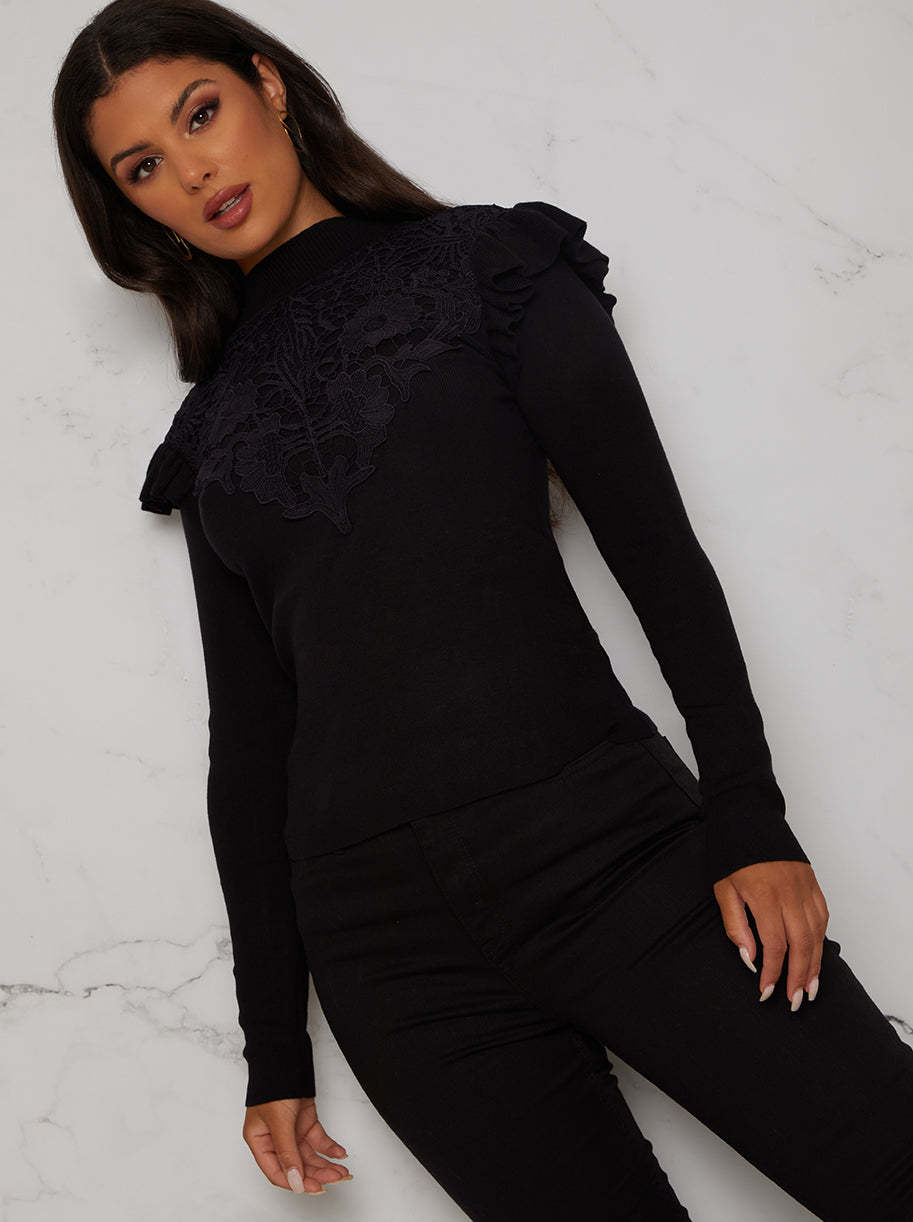 Broderie Trim Knitted Jumper in Black