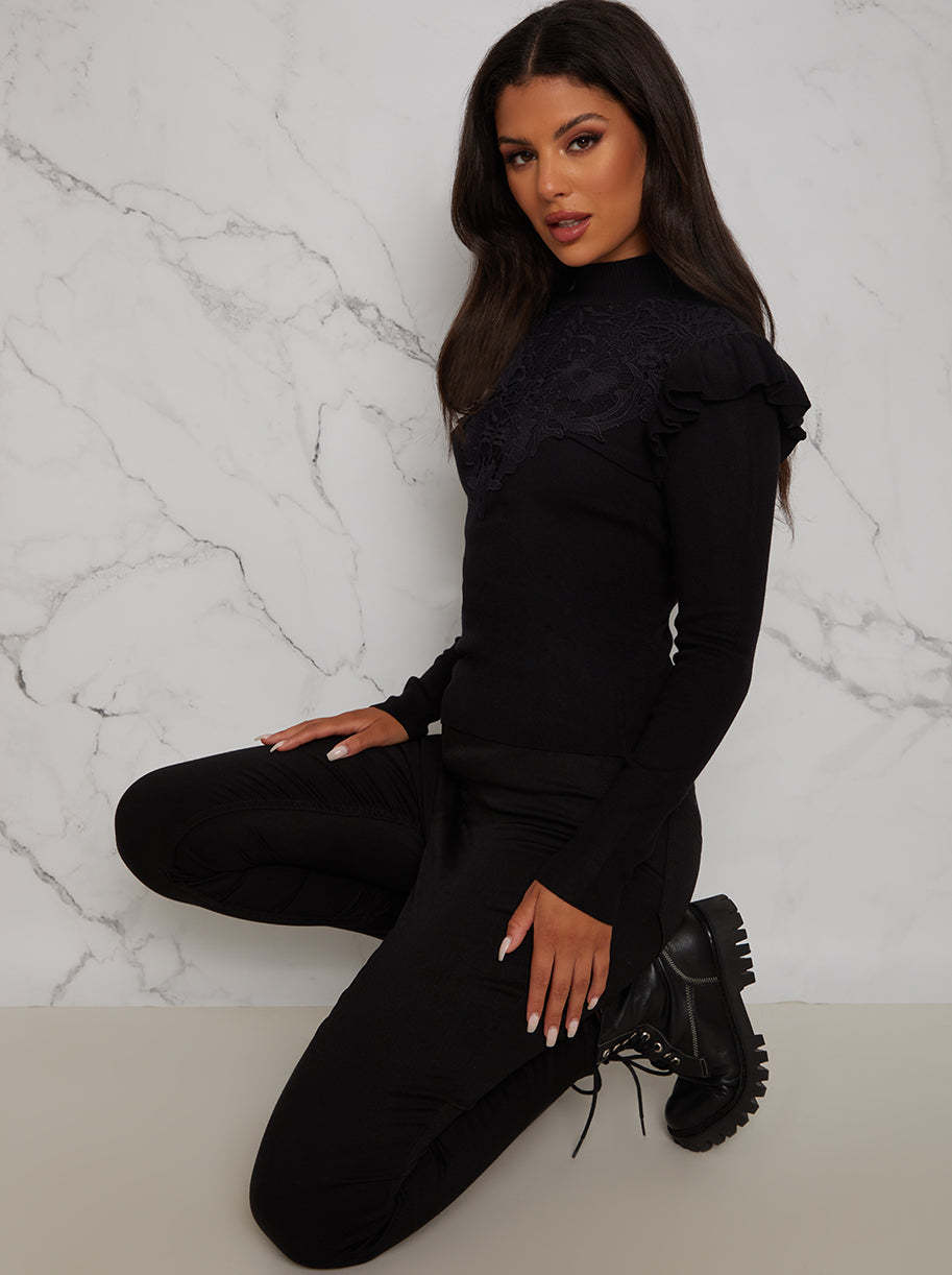 Broderie Trim Knitted Jumper in Black