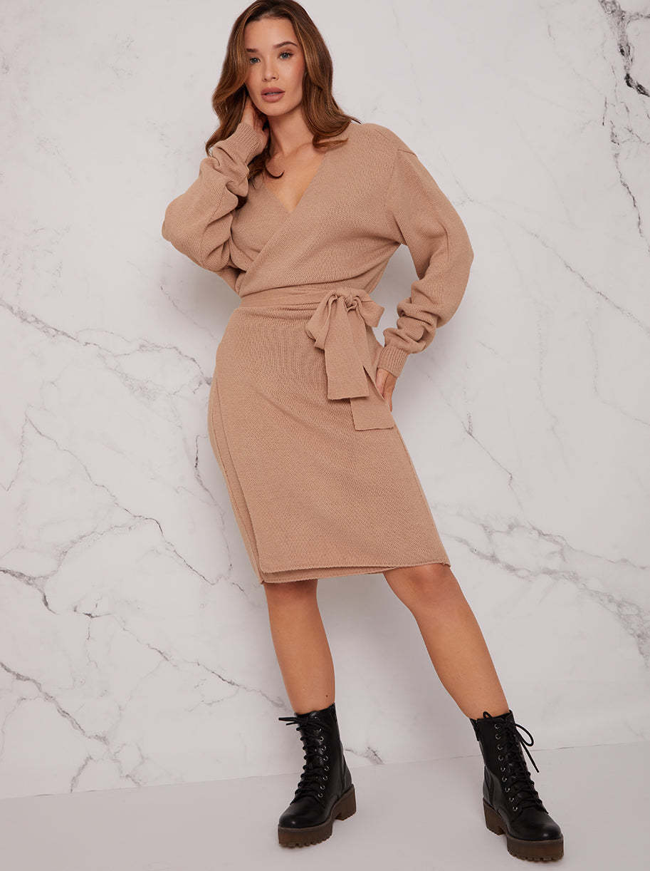 V Neck Wrap Jumper Dress in Beige