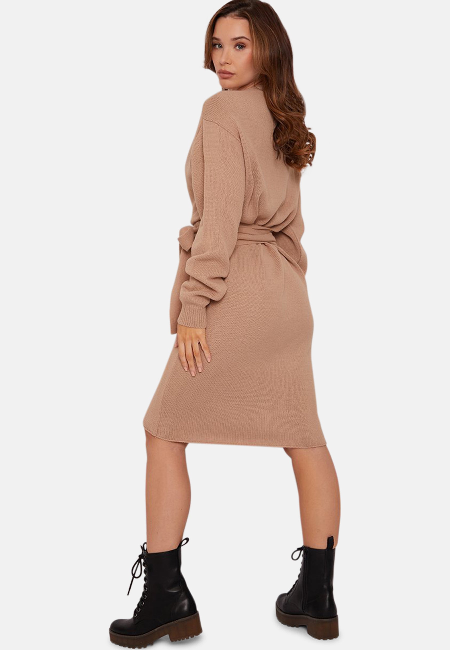 V Neck Wrap Jumper Dress in Beige | Chi Chi London UK