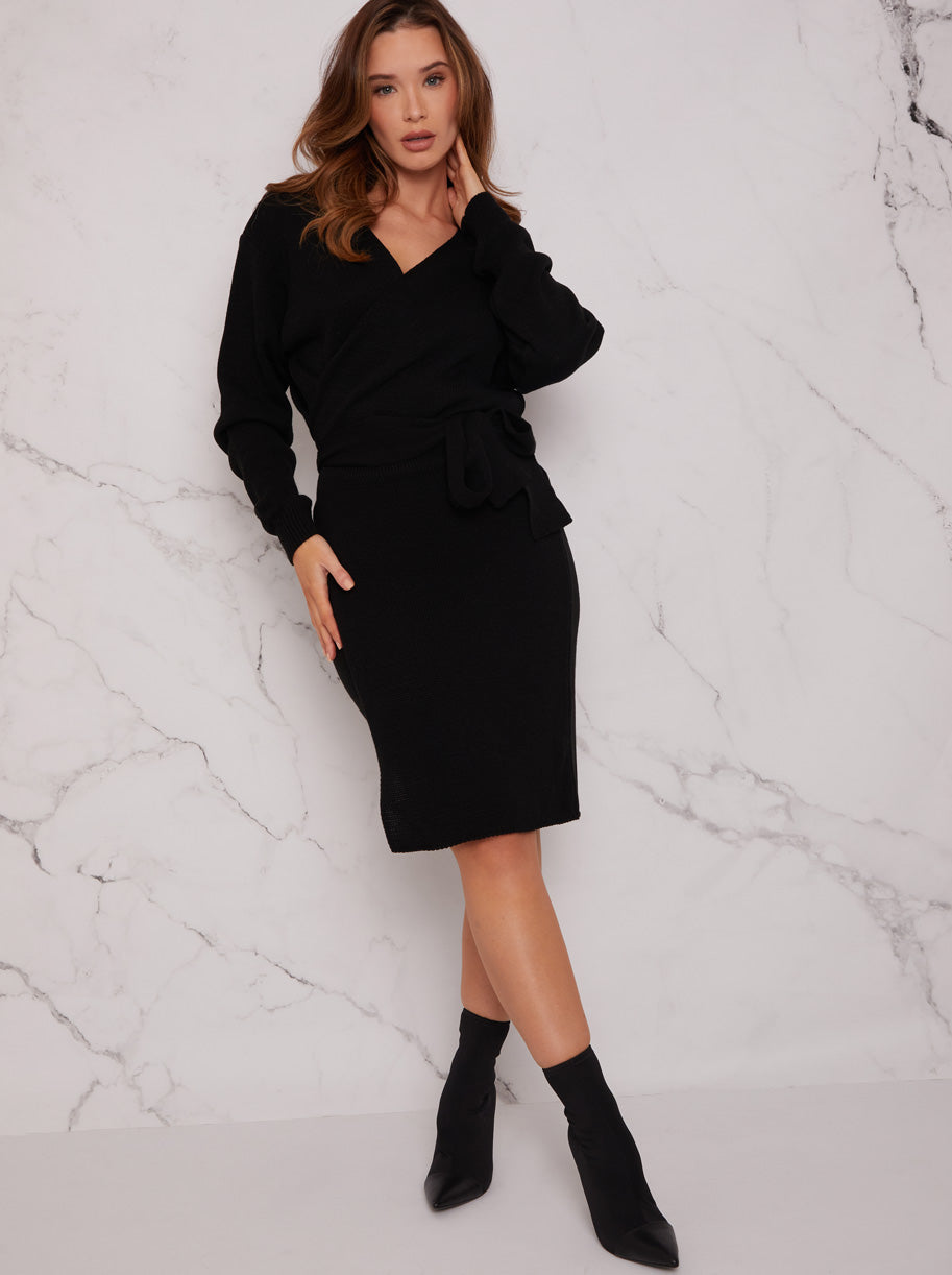 V Neck Wrap Jumper Dress in Black – L