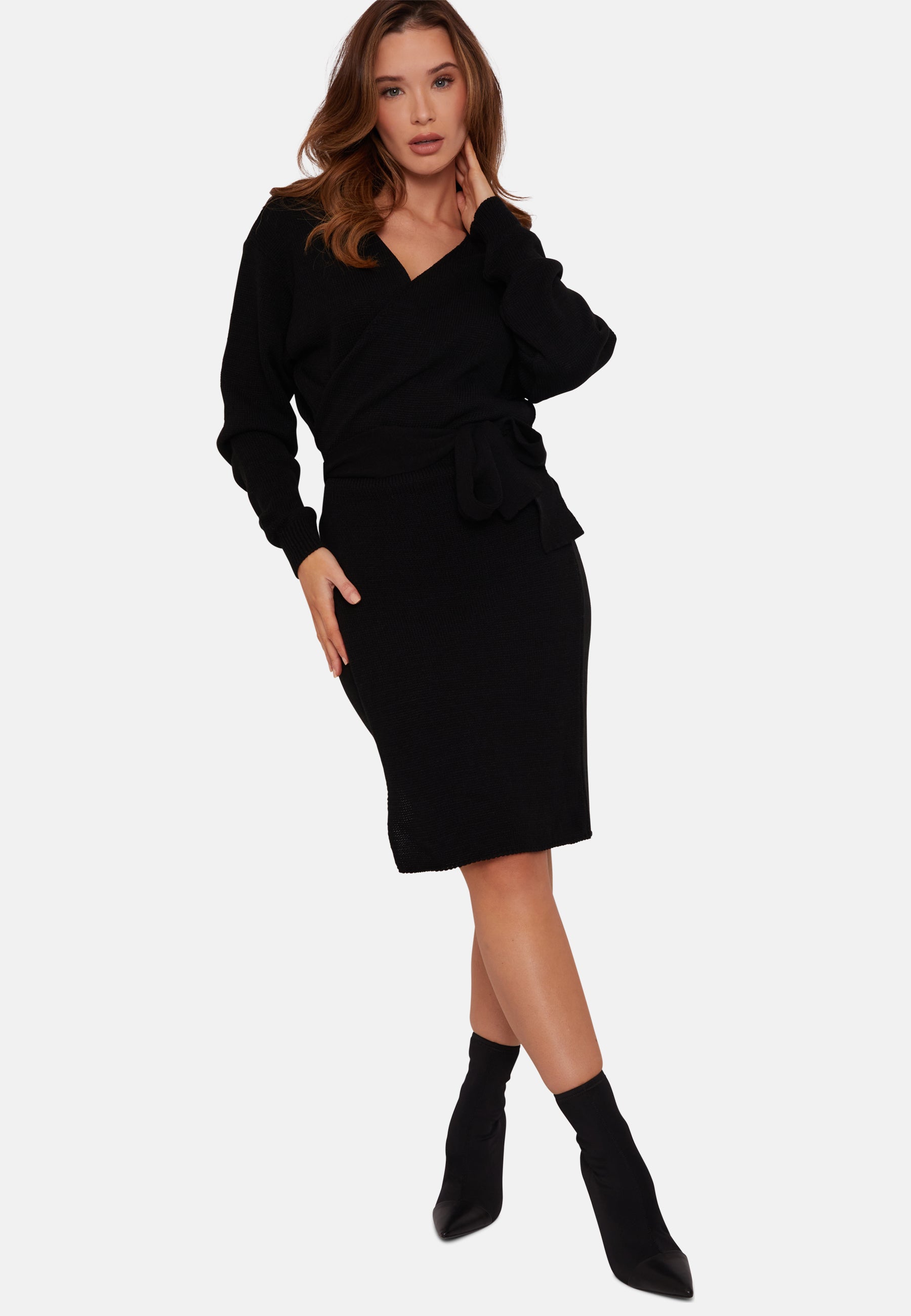 V Neck Wrap Jumper Dress in Black | Chi Chi London UK