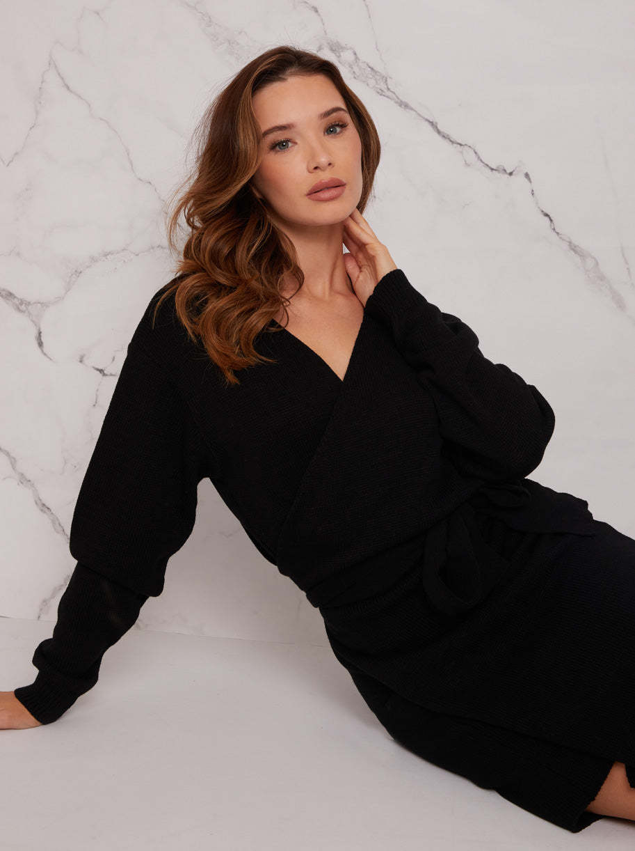 V Neck Wrap Jumper Dress in Black
