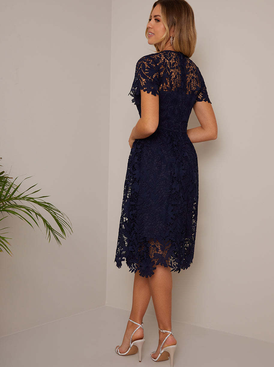Lace and Chiffon Full Length Dress with V-neck Dark Navy