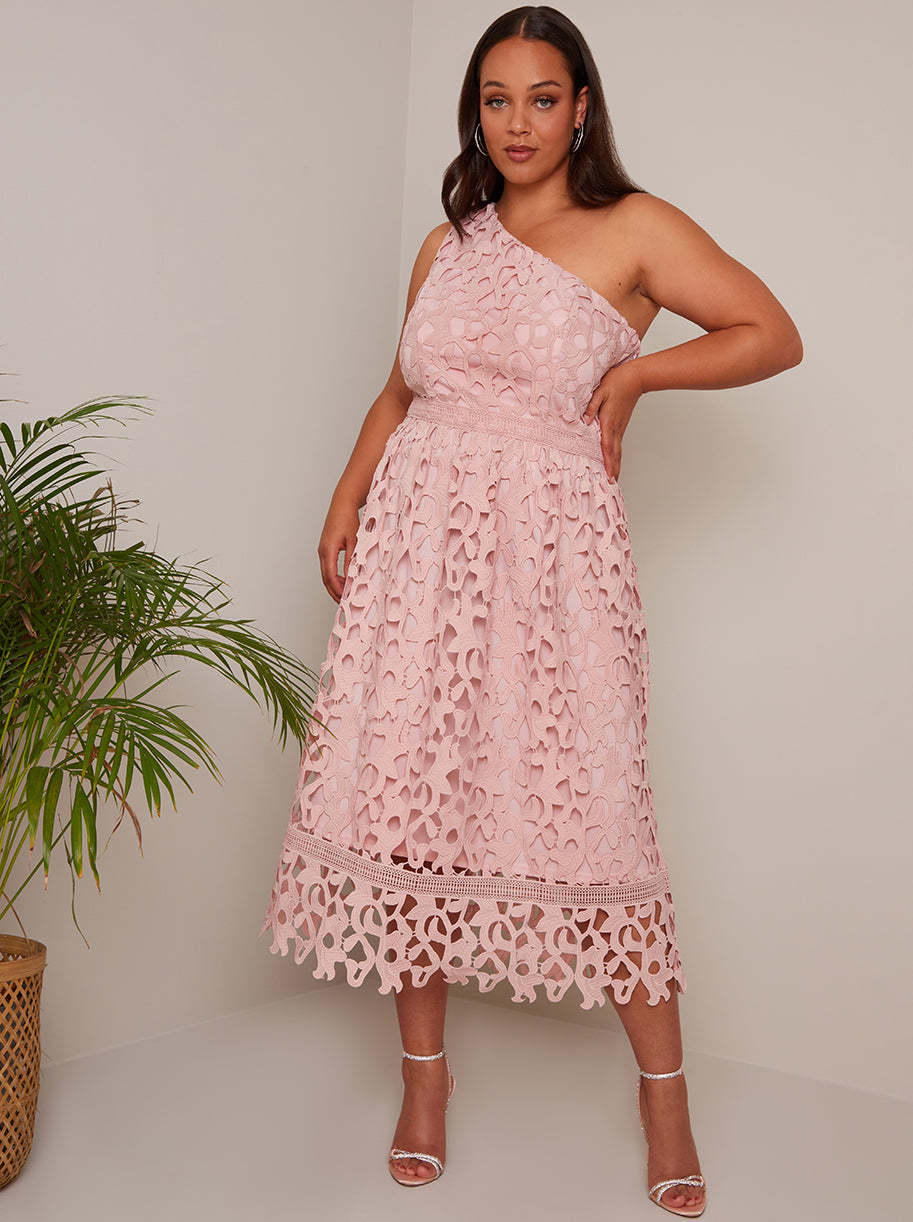 Plus Size One Shoulder Premium Lace Midi Dress in Blush Chi Chi London UK