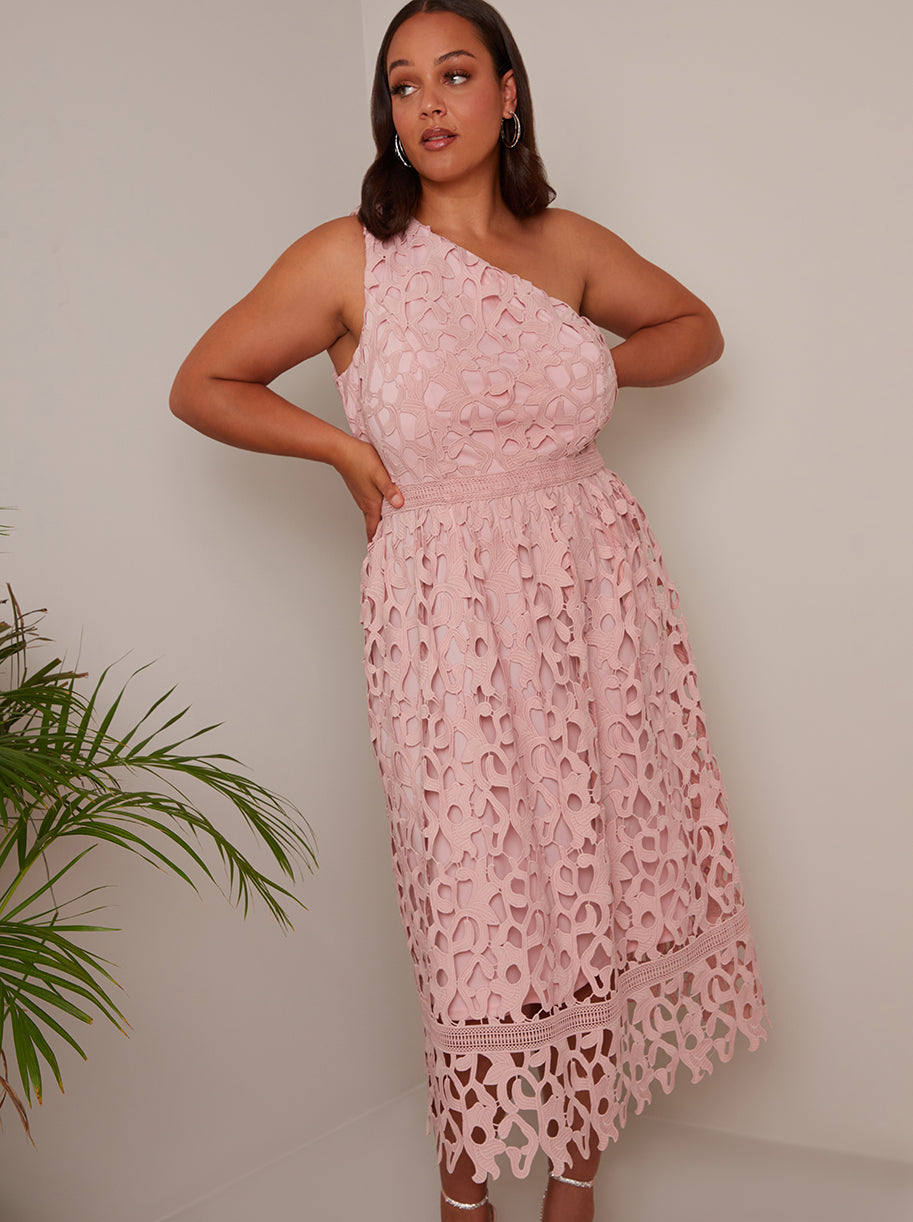 Plus Size One Shoulder Premium Lace Midi Dress in Blush