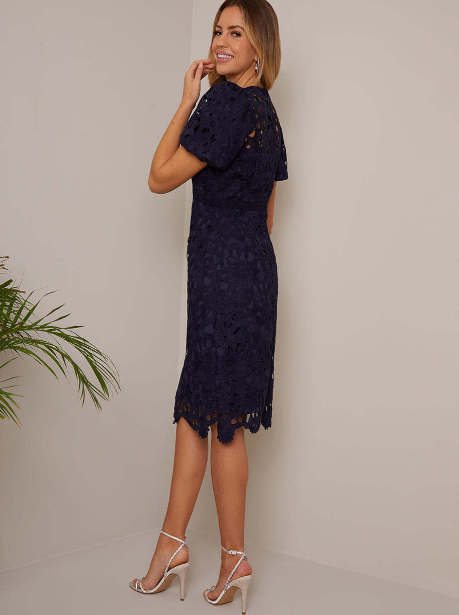 Puff Sleeve Premium Lace Mini Dress in Navy Chi Chi London