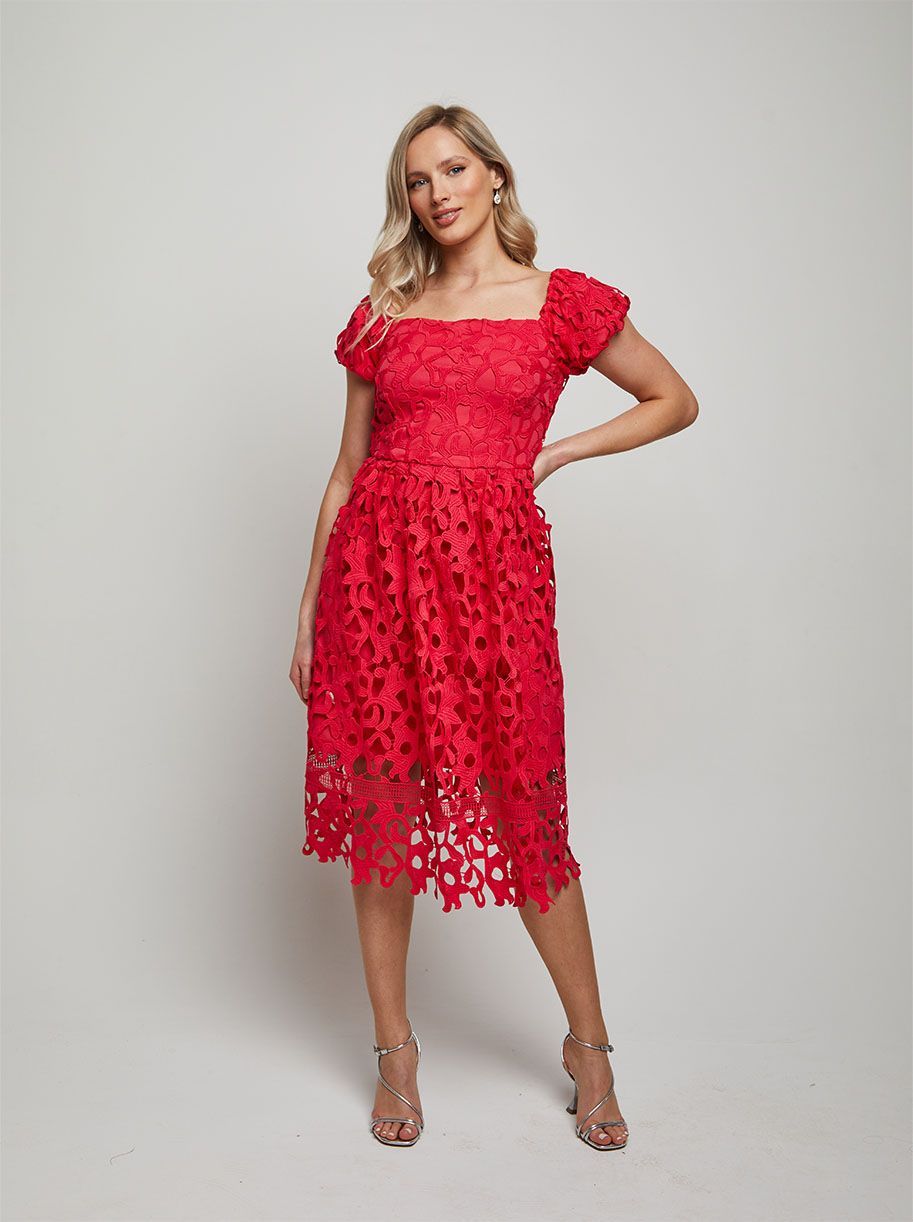 Pink lace fit and flare dress hotsell