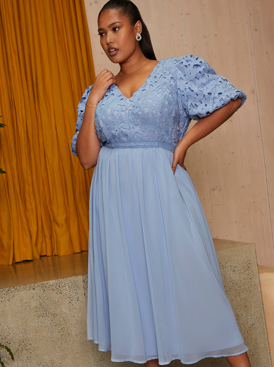 Plus Size Puff Sleeve Premium Lace Midi Dress in Blue Chi Chi London UK