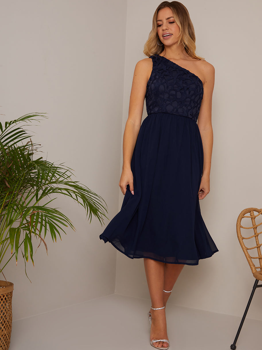 One Shoulder Premium Lace Chiffon Midi Dress in Navy