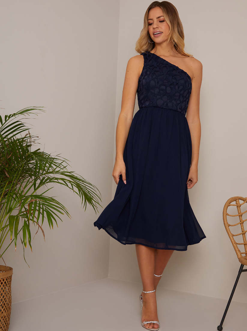 One Shouldered Embroidered Chiffon Midi Dress