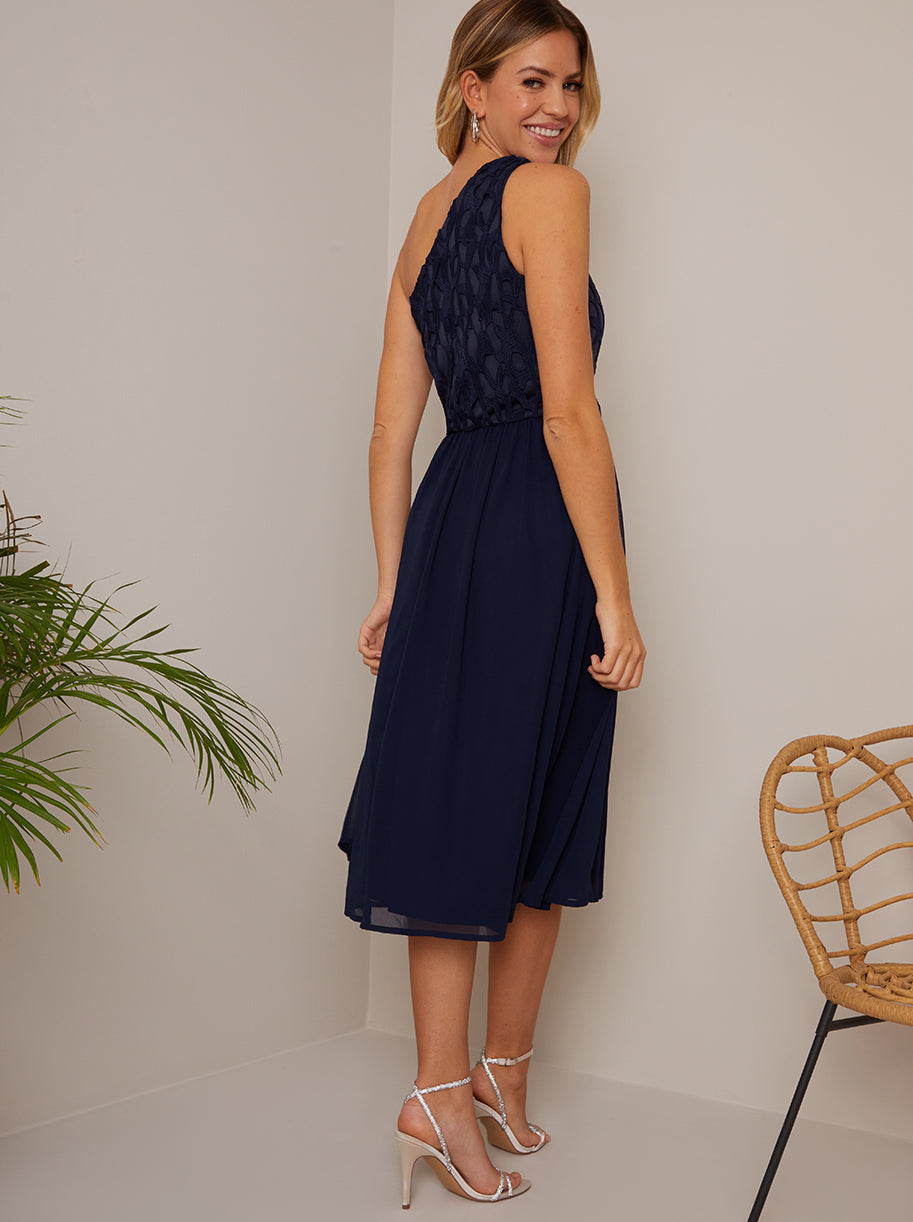 One Shoulder Premium Lace Chiffon Midi Dress in Navy