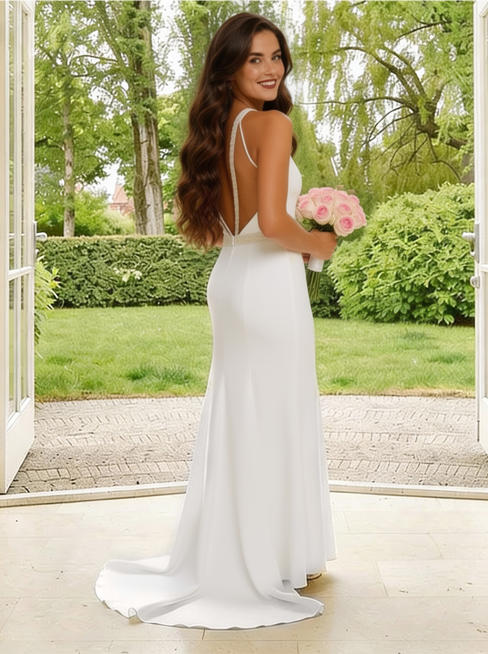 Sleeveless Trim Detail Bridal Dress in White