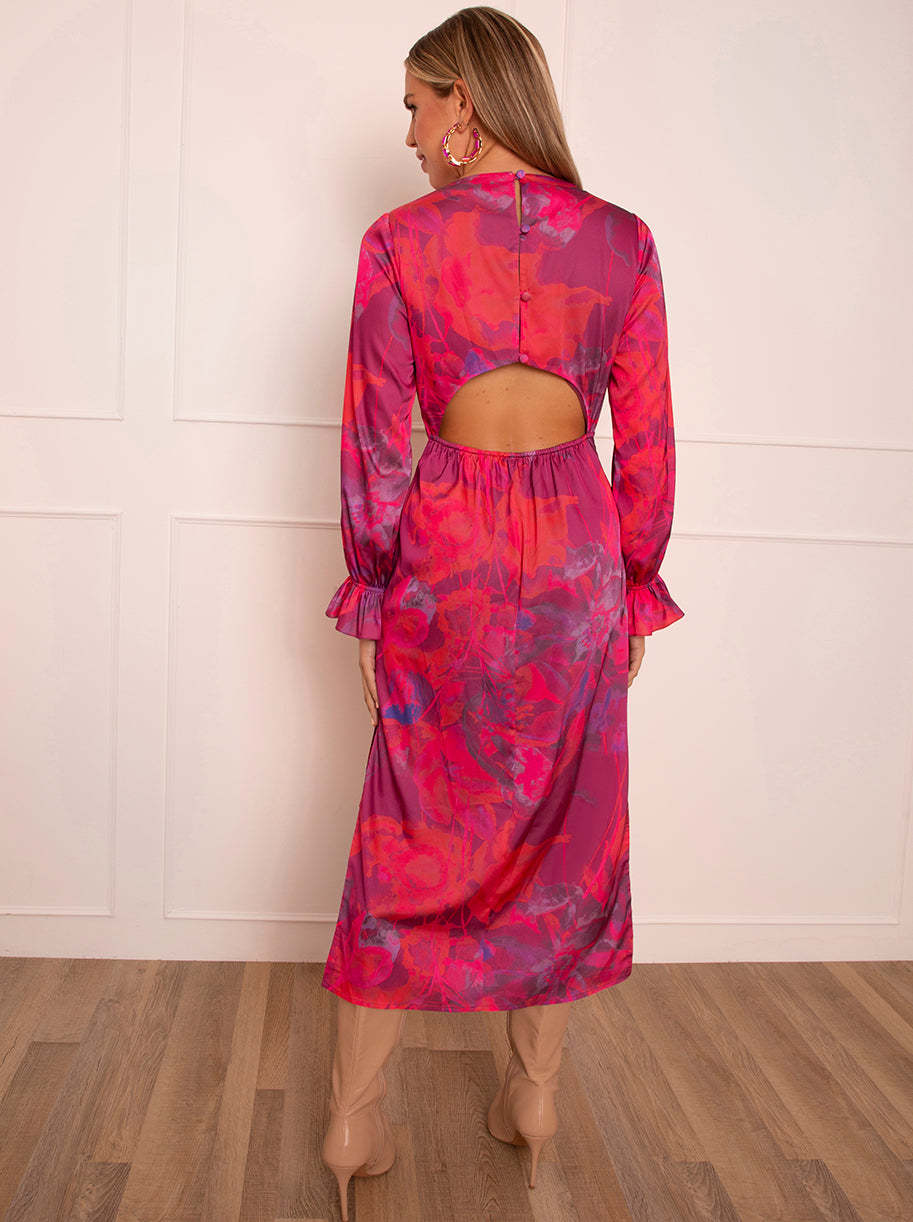 Long Sleeve V Neck Floral Print Dress in Pink