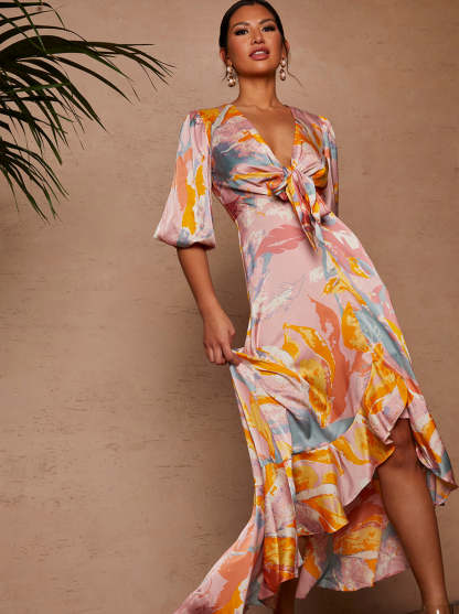 Tie Front Printed Dip Hem Dress in Pink