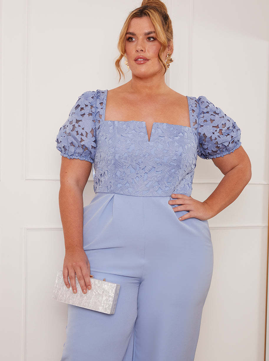 Plus Size Puff Sleeve Crochet Jumpsuit in Blue