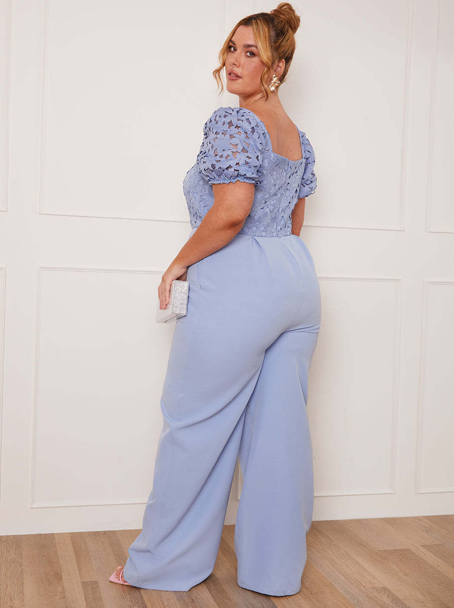 Plus Size Puff Sleeve Crochet Jumpsuit in Blue