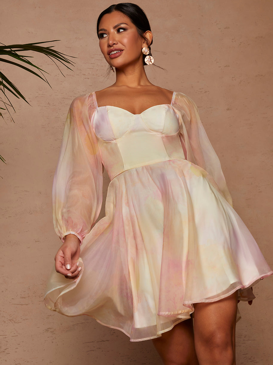 Long Sleeve Floral Mini Dress in Cream