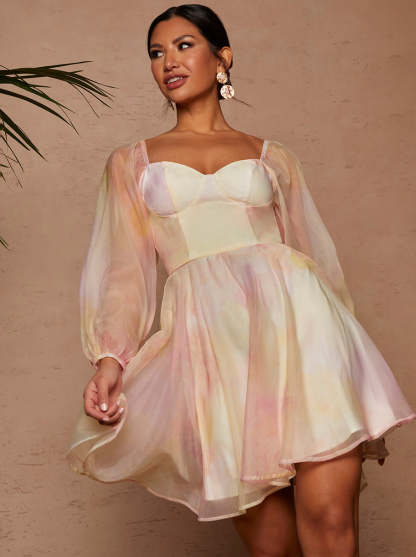 Long Sleeve Floral Mini Dress in Cream