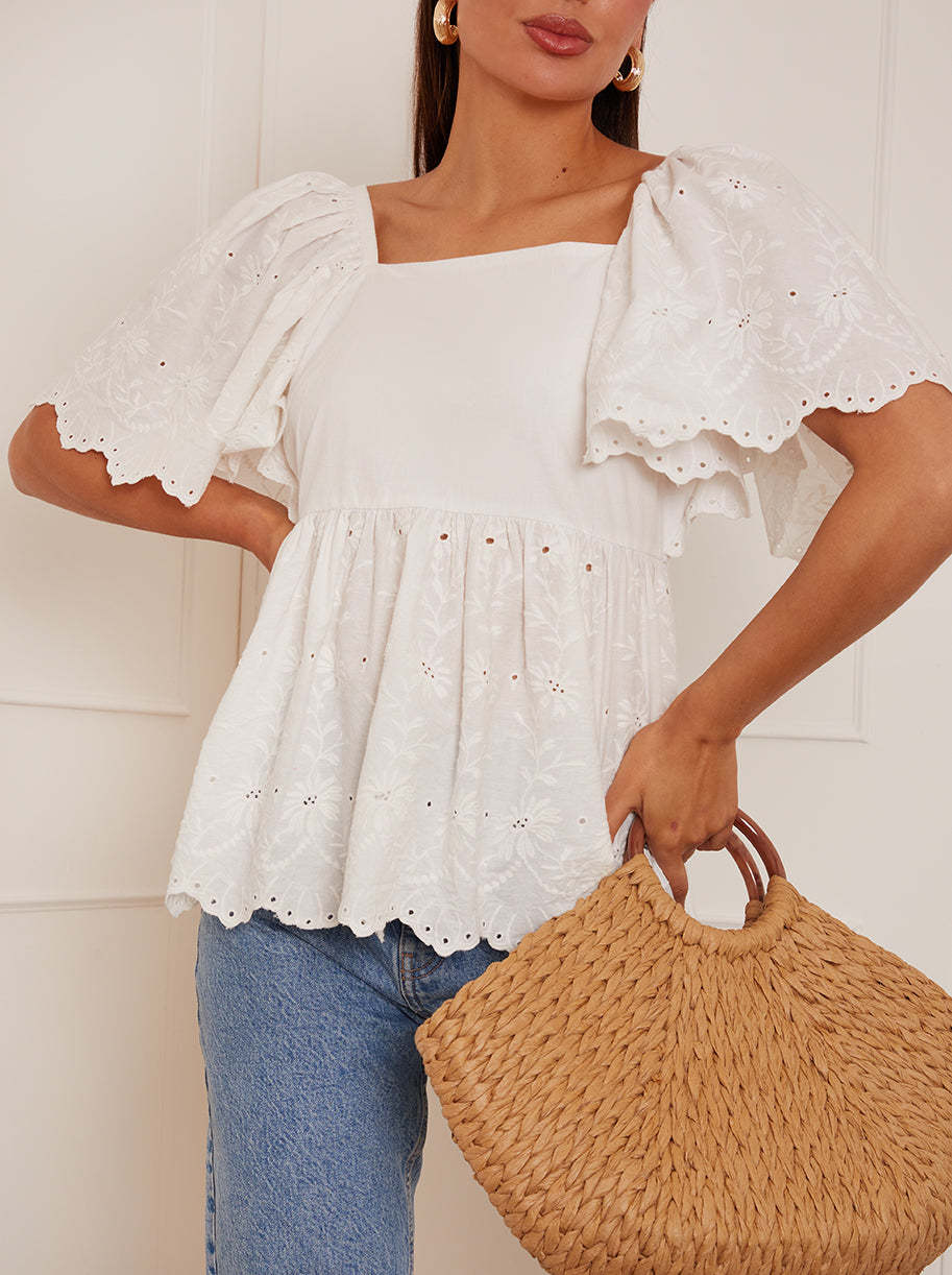 Short Sleeve Broderie Anglaise Peplum Top in White