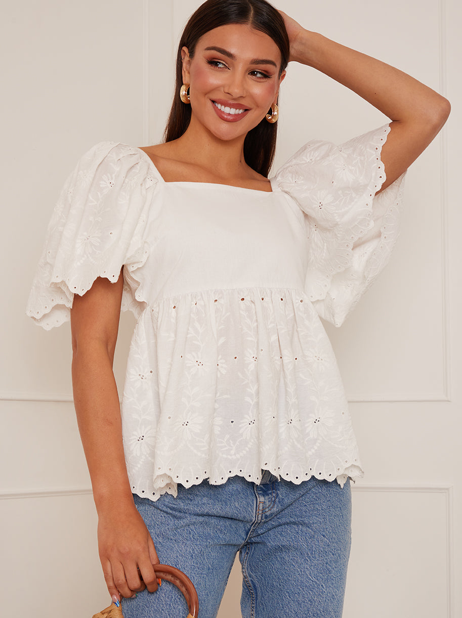 Short Sleeve Broderie Anglaise Peplum Top in White