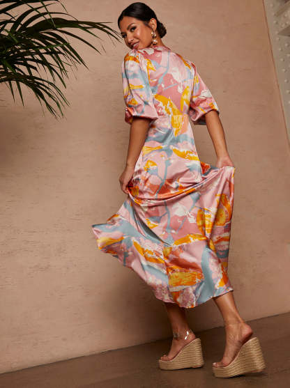 Tie Front Printed Dip Hem Dress in Pink