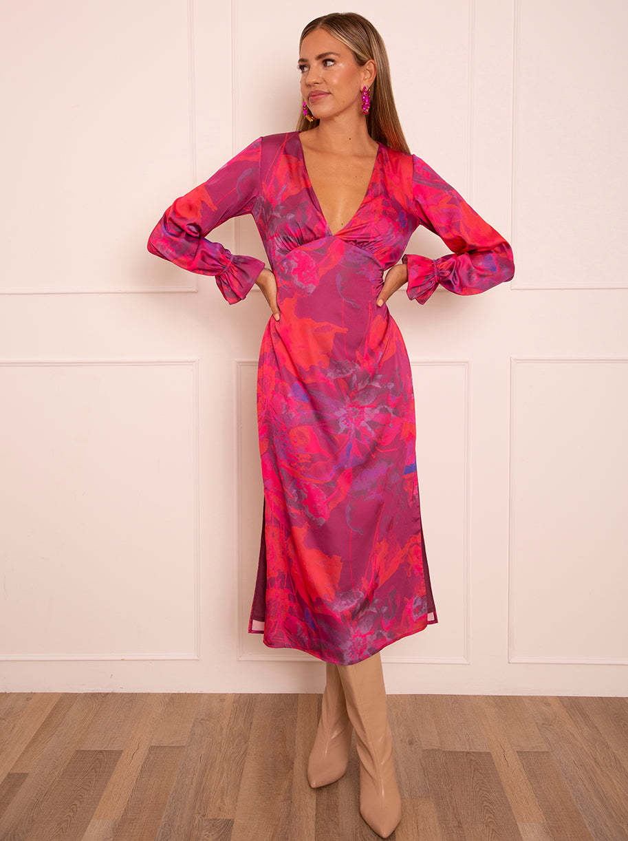 Long Sleeve V Neck Floral Print Dress in Pink