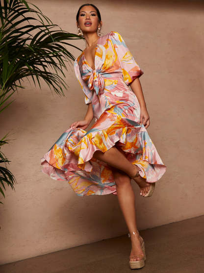 Tie Front Printed Dip Hem Dress in Pink