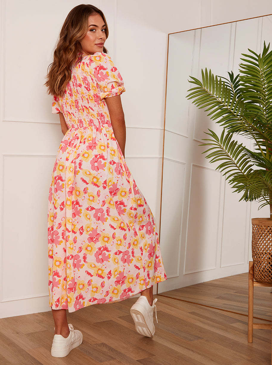Short Sleeve Floral Shirred Midi Dress in Orange