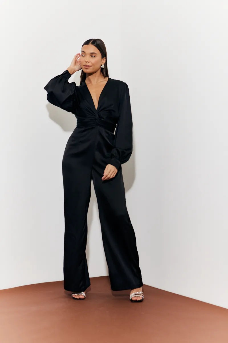 In The Style Twist Front Detail Wide Leg Satin Jumpsuit