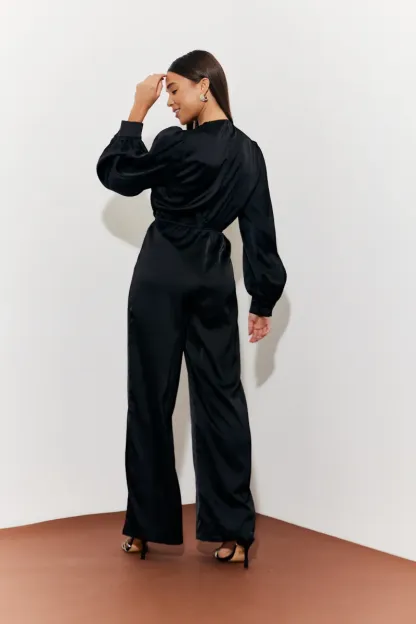 In The Style Twist Front Detail Wide Leg Satin Jumpsuit