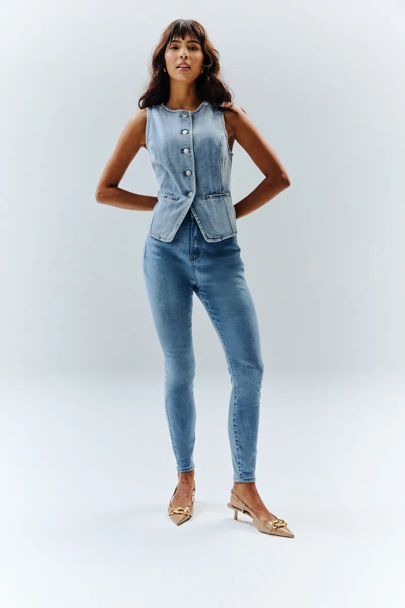 In The Style Denim Crew Neck Waistcoat in  Blue