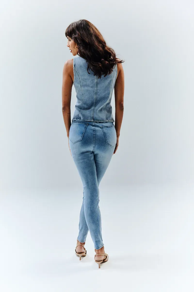 In The Style Denim Crew Neck Waistcoat in Blue