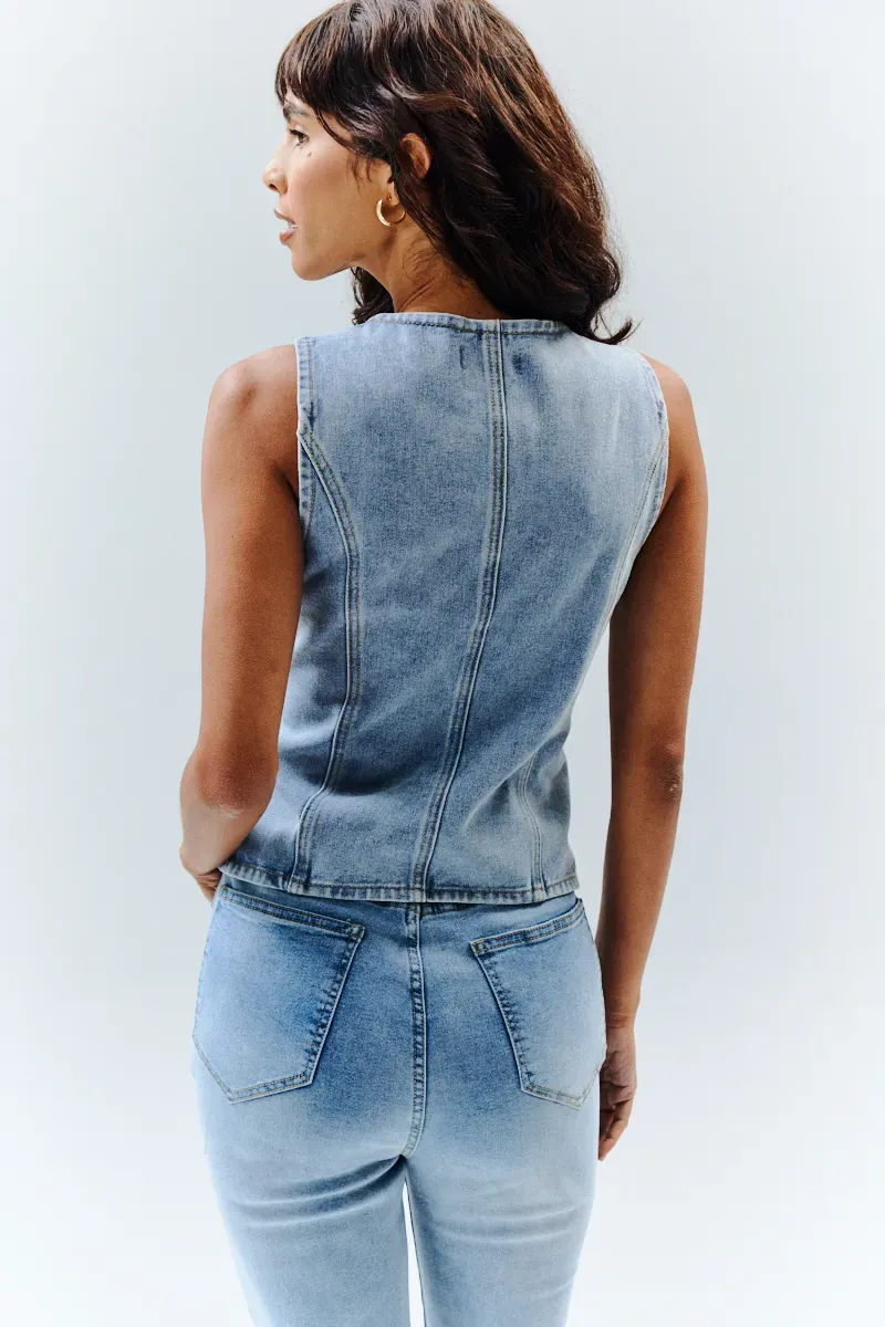 In The Style Denim Crew Neck Waistcoat in Blue