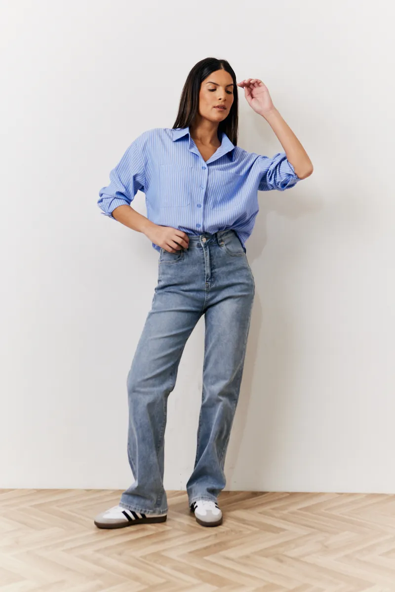 In The Style Oversized Striped Poplin Shirt in Blue
