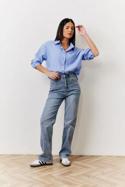 In The Style Oversized Striped Poplin Shirt in Blue