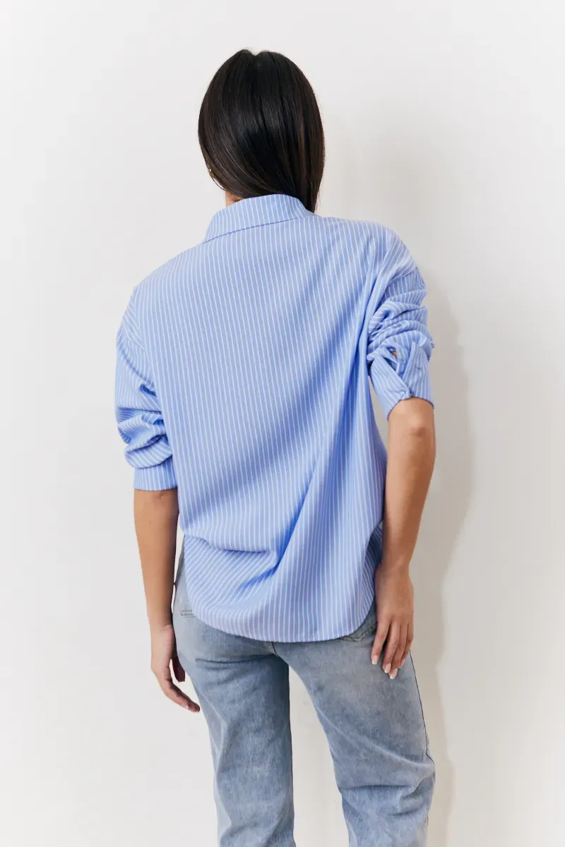 In The Style Oversized Striped Poplin Shirt in Blue