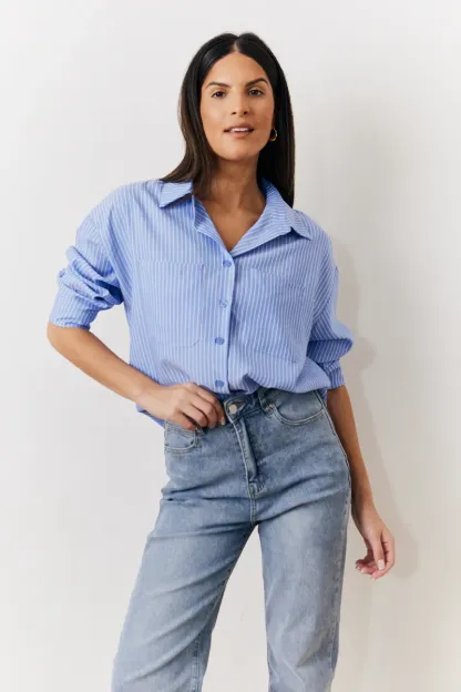 In The Style Oversized Striped Poplin Shirt in Blue