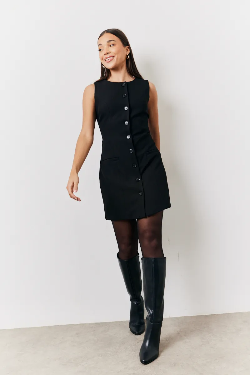 In The Style Tailored Button Through Mini Dress in Black