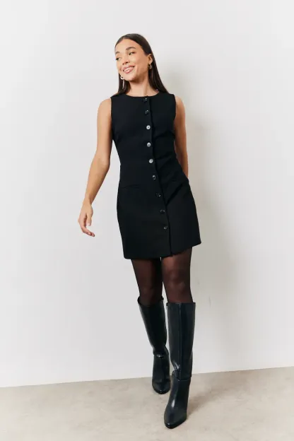 In The Style Tailored Button Through Mini Dress in Black