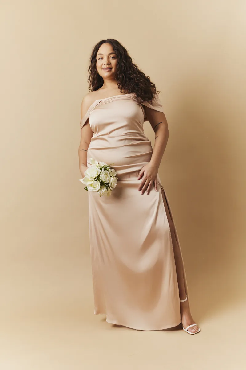 In The Style Light Gold Satin Bardot Ruched Maxi Dress