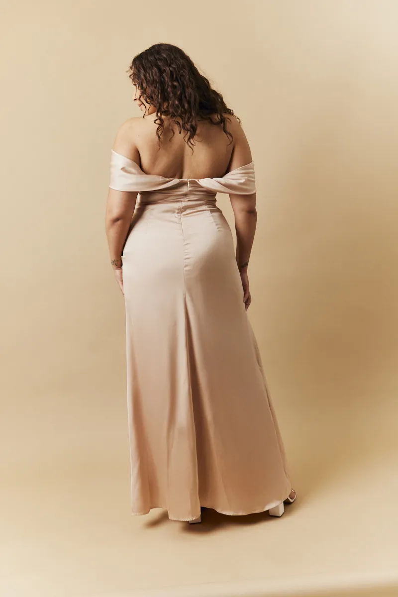 In The Style Light Gold Satin Bardot Ruched Maxi Dress
