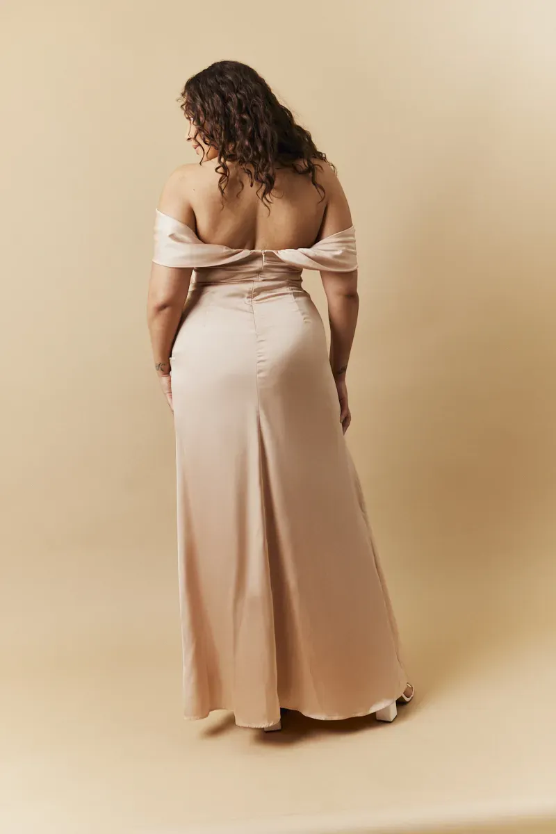 In The Style Light Gold Satin Bardot Ruched Maxi Dress