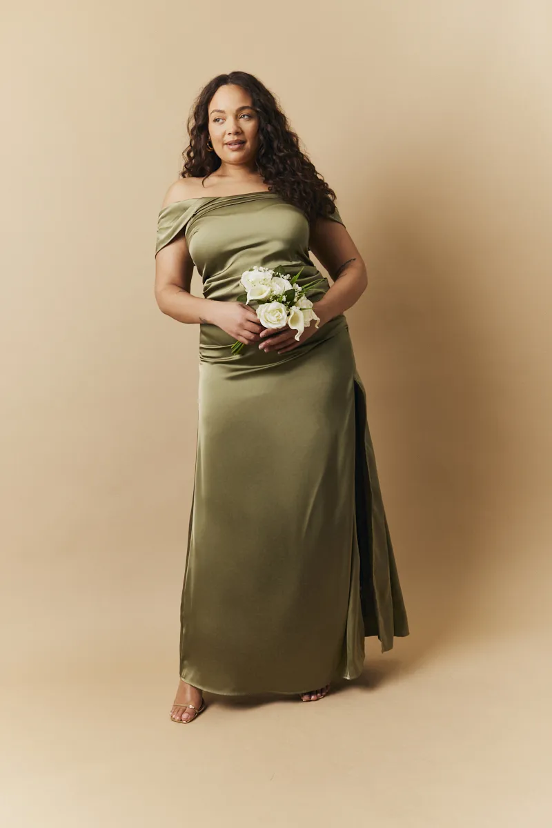 In The Style Olive Satin Bardot Ruched Maxi Dress