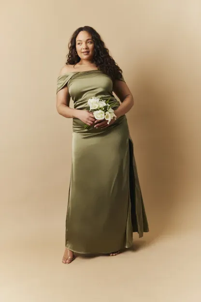 In The Style Olive Satin Bardot Ruched Maxi Dress